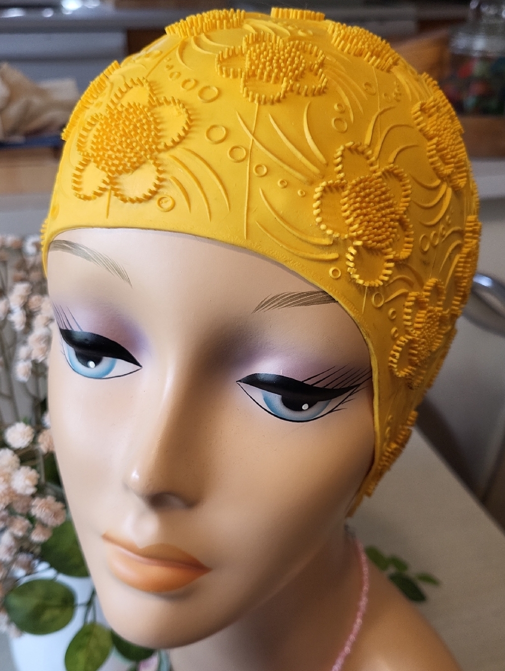Vintage 1950's Kleinert's Floral Embossed Yellow Swim Cap